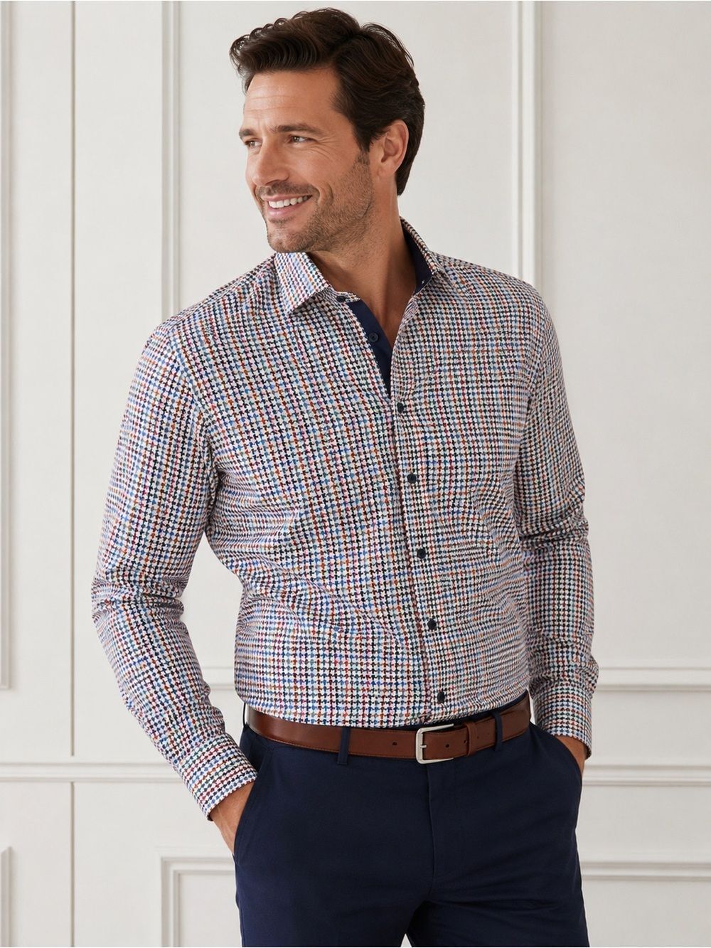Paul Frederick Classic Fit Multicolor Houndstooth Dress Shirt Non-Iron Cotton